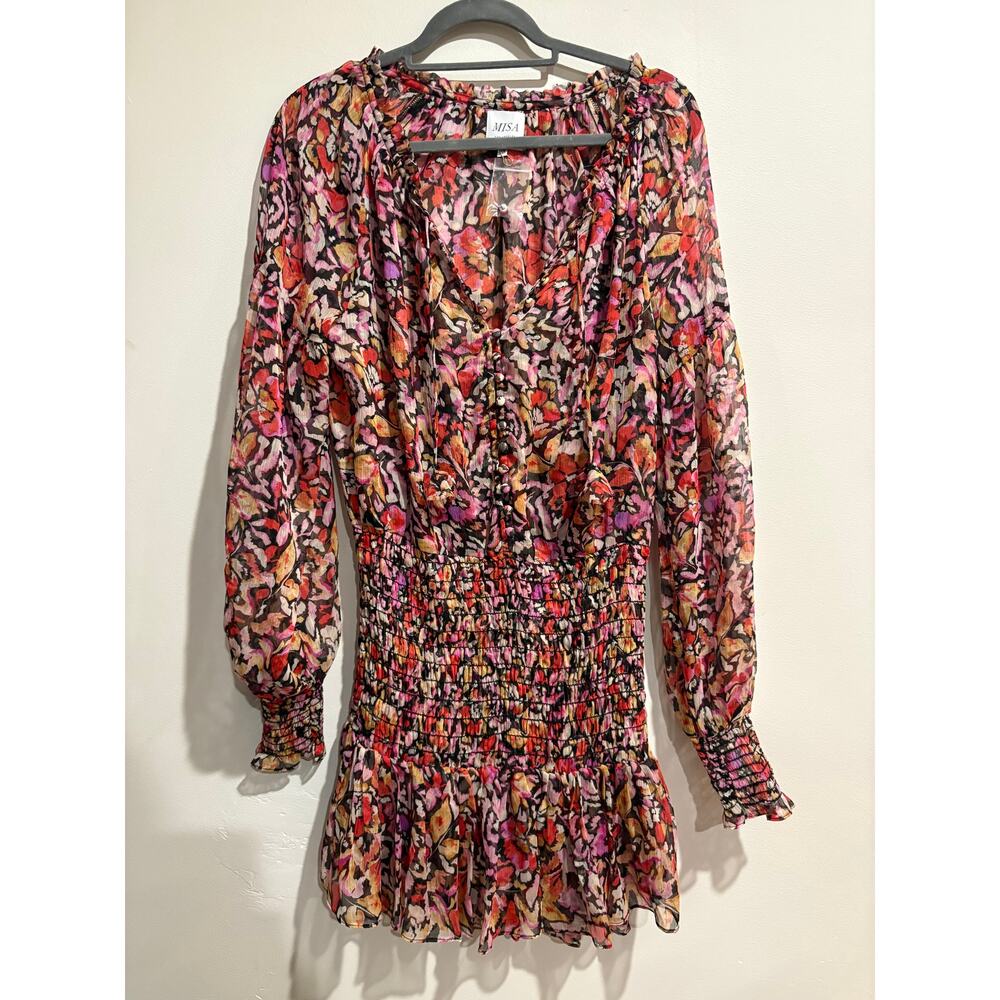 MISA Los Angeles Celina V-Neck Smocked Waist Mini Dress Fire Flora Women's XS - Picture 2 of 4